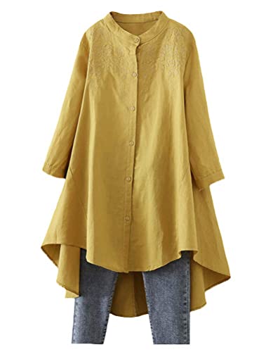 Minibee Women's Cotton Linen Shirt High Low Button Down Embroidered Blouse Long Sleeve Tunic Tops with Pocket Yellow M
