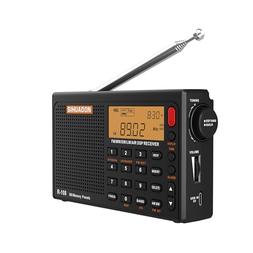SIHUADON R108 Portable Radio AM FM SW LW Airband Full Band DSP Radio Battery Operated with Headphone Antenna Jack Sleep Time and Alarm Clock 500 Memory Preset for Parents by RADIWOW (Black)