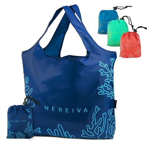 Nereiva 4 Pack 55 Pound Reusable Grocery Bags with attached pouch, Large Capacity, Durable, Washable, Foldable into a Small Pouch, Easy Shoulder or Hand Carry with handles, Stylish Shopping bag