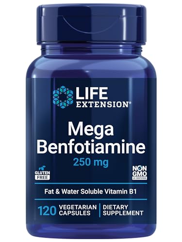 Life Extension Mega Benfotiamine 250 mg - With Fat Soluble Thiamine Vitamin B1 for Glucose Metabolism - Advanced Nerve Health Supplement Pill - Gluten Free, Non-GMO, Vegetarian - 120 Capsules
