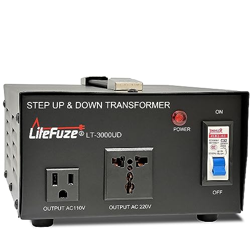 LiteFuze 3000 Watt Voltage Converter Transformer Step Up/Down - 110v to 220v / 220v to 110v Power Converter - Fully USA Grounded Cord - Universal Outlet Socket, 2x US Outlets - CE Certified