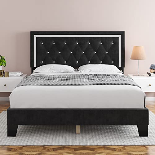 HITHOS Queen Bed Frame, Upholstered Platform Bed Frame with Modern Adjustable Headboard, Diamond Tufted Mattress Foundation with Wooden Slat Support, No Box Spring Needed, Easy Assembly (Queen, Black)
