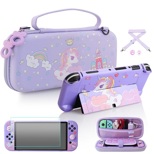 FUNDIARY Carrying Case for Nintendo Switch OLED Model, Portable Switch Travel Case Storage with 10 Games Card Cartridges, Hard Protective Shell Accessories Kit Bundle for Girl, Cute Purple for Unicorn