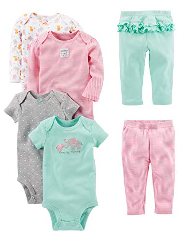 Simple Joys by Carter's Baby Girls' 6-Piece Bodysuits (Short and Long Sleeve) and Pants Set, Aqua Green Elephant/Grey Dots/Pink Stripe/White Forest Animals, Preemie
