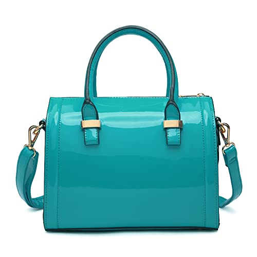 Dasein Shiny Patent Faux Leather Mini Barrel Body Satchel Handbag Shoulder Bag, Small, Blue-new