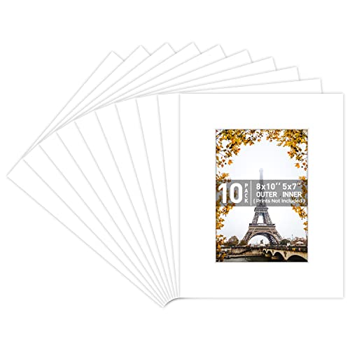 Golden State Art, 8x10 White Picture Mats with White Core Bevel Cut for 5x7 Pictures (Pack of 10 Mats)