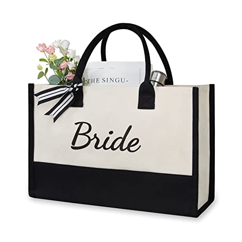 TOPDesign Canvas Tote Bag for Bride, Personalized Bride Gifts for Wedding Bridal Shower Bachelorette Party Engagement Honeymoon, Bridal Accessories Newlyweds Present