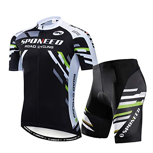 sponeed Men Suit Bicycle Jersey Full Zipper T Shirt Bike Short Padded Cycling Kits Uniform US M Green Black