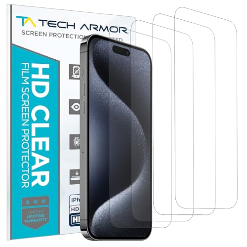 Tech Armor Screen Protector for iPhone 15 Pro 6.1 inch - HD Clear Film, Ultimate Display Protection, Crystal Clear Clarity, Easy Installation, Premium Quality, 4 Pack