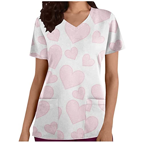 Valentine's Day Womens Uniforms Love Heart Printed Scrub Tops V-Neck Short Sleeve Cute Stretch Fun Workwear Nurse Uniform Tee with Pockets Pink