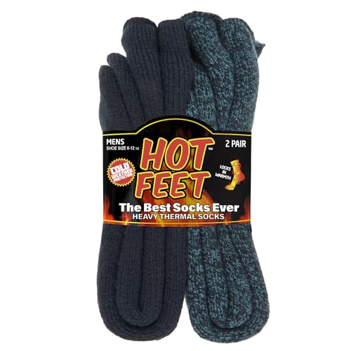 HOT FEET Thermal Socks for Men 2/4 Pack, Extreme Cold Boots Socks -Winter Insulated Socks, Cold Weather Size 6-12, 2 Pack, Solid Denim Heather/Dark Navy