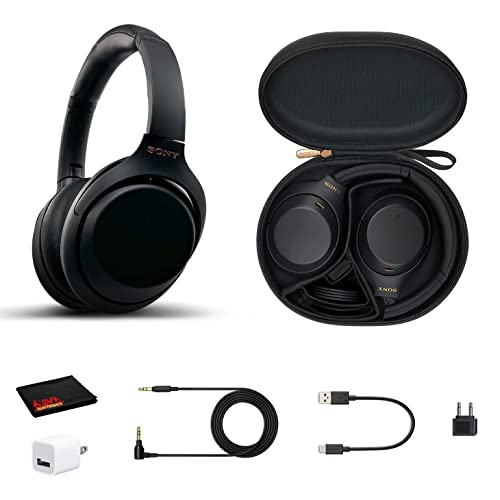 Sony WH-1000XM4 Wireless Noise Canceling Overhead Headphones with Mic for Phone-Call, Voice Control, Black, with USB Wall Adapter and MicroFiber Cleaning Cloth - Bundle