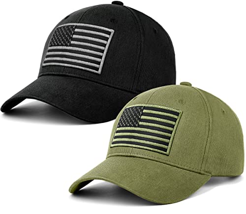 LCZTN 2 Pack American Flag Baseball Cap for Men Women,Low Profile USA Plain Dad Hat (Black＆Army Green)