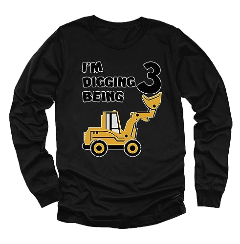Bulldozer 3rd Birthday Shirt Boy I'm Digging Being 3 Long Sleeve Kids T-Shirt 4T Black