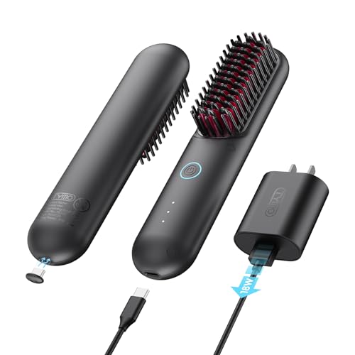 TYMO Porta Cordless Hair Straightener Brush, Portable Mini Straightening Brush for Travel, Negative Ion Hot Comb Hair Straightener for Women, Lightweight to Carry Out, USB Rechargeable, Anti-Scald