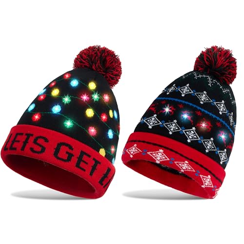 JOYIN 2 Pack LED Light-up Christmas Hat, Knitted Beanie Ugly Holiday Xmas Beanie Hat Knit Cap for Party (Battery Included with 3 Flashing Modes)