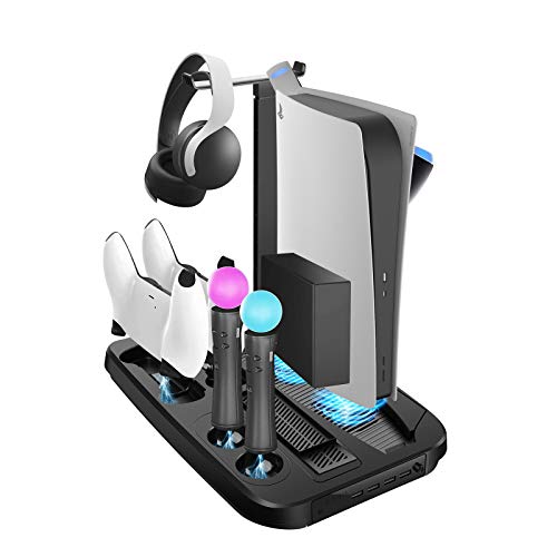 UeeVii PS5 Stand Station for PS5 Console/Digital Edition/UHD, Charger Station Dock with Cooling Fan for PS5 VR Move Controller Headset, Cooling Station 4 USB Hub Game Headphone Storage