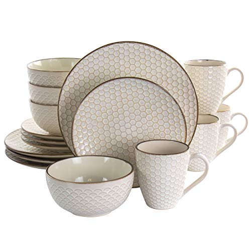 Elama Geometric Embossed Stoneware Honeycomb Pattern Tableware, Set, Ivory