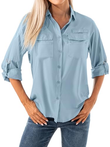 Women's Quick Dry Sun UV Protection Convertible Long Sleeve Shirts for Hiking Camping Fishing Sailing (5026 Light Blue L)