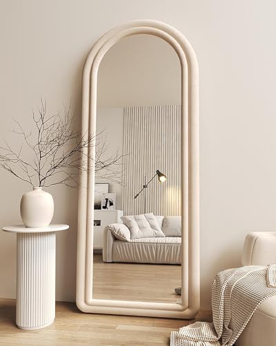 Otlsh Floor Mirror, Arched Full Length Mirror with Stand, Standing Mirror, 63'x24' Full Body Mirror, Large Mirror, Wall Mirror, Freestanding, Wall Mounted, Flannel Frame, Beige White