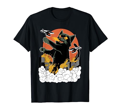 Black Japanese Catzilla Sunset T-Shirt - Classic Fit, Crew Neck, Cotton & Polyester Blend