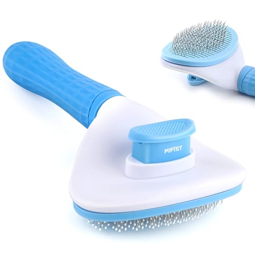 PUPTILY Self Cleaning Slicker Brush, Cat Brush with Release Button, Dog Shedding Brush for Grooming, Cat Comb Pet Massage Tool Suitable for Long or Short Pet Hair Cleaner, Removes Tangles & Loose Fur