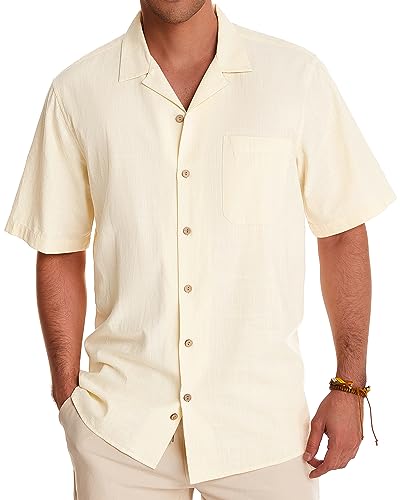 Alimens & Gentle Mens Cotton Linen Shirts Button Down Tropical Holiday Beach Shirts Guayabera Shirt for Men Beige
