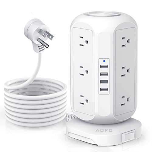 Tower Power Strip with 12 Outlets 4 USB Chargers, AOFO Surge Protector Charging Station with Overload Protection, Widely Spaced Multiple Outlets 10Ft Long Extension Cord for Home, Dorm & Office