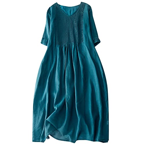 Gamivast Womens Linen Dress,White Linen Dresses for Women Summer 3/4 Sleeve Dress 2023 Maxi Dress Wedding Guest Dress Sundresses Women's Casual Dresses