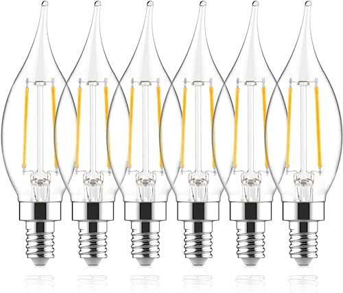 E12 LED Candelabra Bulb 60W Equivalent Dimmable LED Chandelier Light Bulbs 4.5W 2700K Soft White 500LM B10 Flame Tip Vintage LED Filament Candle Bulb with Decorative E12 Candelabra Base, 6 Pack