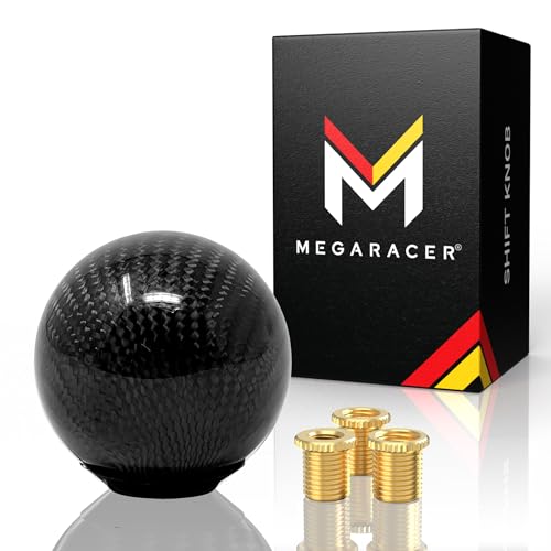 Mega Racer Black Carbon Fiber Shift Knob - Round Ball Gear Shifter for Buttonless Automatic and 4, 5, 6 Speed Manual Transmission Vehicles, Threaded Metal Adapters, 1 Piece