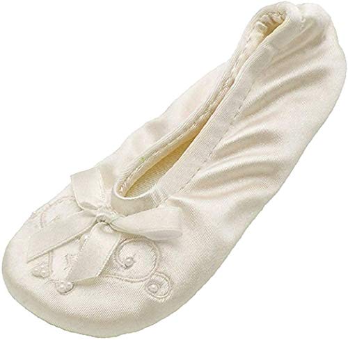 isotoner Girls Satin Ballerina with Embroidered Pearl Ballet Flat, Ivory, 9-10 toddler