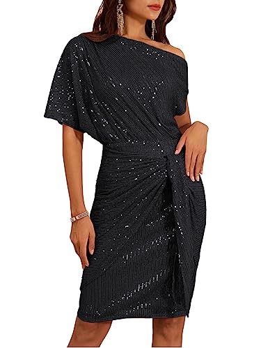GRACE KARIN Sequin Dress for Women One Shoulder Cocktail Party Bodycon Dresses Black L