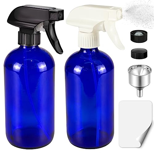 Glass Spray Bottles 16 oz, 2 Pack Trigger Empty Spray Bottles Refillable with Labels, Funnel, Bottle cap for Cleaning Solutions, Essential Oils, Plants (Blue 2pack)