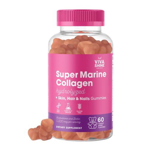 VIVA SHINE Hair Growth Gummies Biotin 10,000mcg Vitamins C,D Marine Collagen, Hair Skin and Nails Gummies, Vitamins A, B5, B6, B12, E, Sweet Bear Vital Anti-Aging Hydrolyzed Protein Supplement