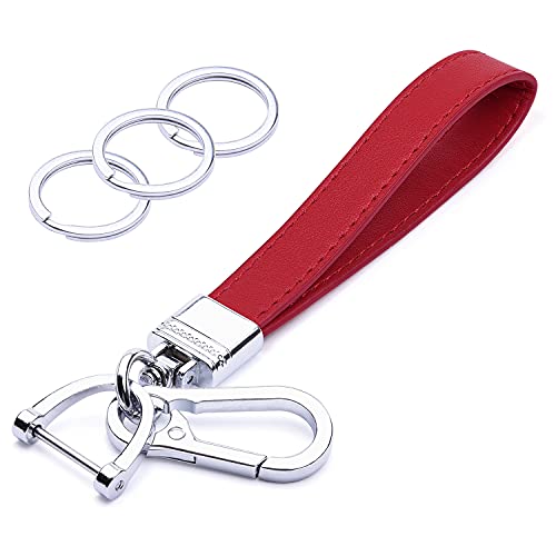 Wisdompro Genuine Leather Car Keychain, Universal Heavy Duty Leather Key FOB Keychain Key Chains Women for Car Keys, 360 Degree Rotation, with Anti-lost D-ring and 3 Keyrings - Red