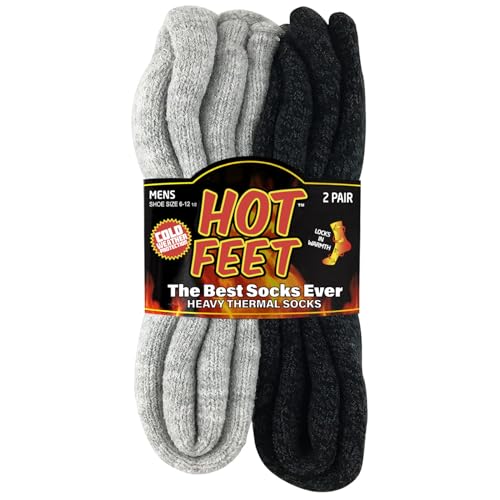 HOT FEET Thermal Socks for Men 2/4 Pack, Extreme Cold Boots Socks -Winter Insulated Socks, Cold Weather Size 6-12, 2 Pack, Solid Light Grey Heather/Solid Black