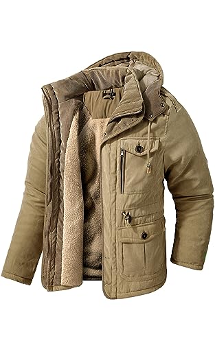 Mr.Stream Men's Winter Hooded Jacket Windproof Sherpa Lined Fleece Windbreaker Coat Outerwear Warm Parka 3256 Khaki XL