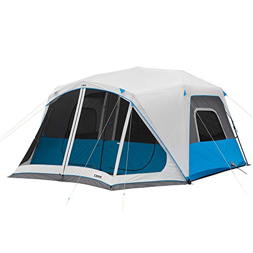 CORE 10 Person Instant Cabin Tent with LED Lights | Lighted Pop Up Camping Tent with Easy 2 Minute Camp Setup | Portable Large Family Cabin Multi Room Tents for Camping