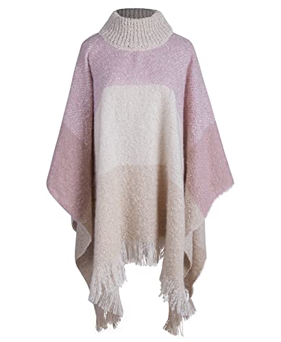 MissShorthair Knitted Shawl Wraps for Women with Fringed,Turtleneck Pullover Poncho Sweater Women,Poncho Cape for Women Color Block