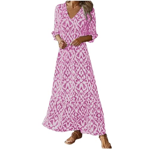 QIGUANDZ Womens 3/4 Sleeve Casual Boho A-Line Dress Frill Trim V Neck Maxi Dress Plus Size Fashion High Waist Beach Dresses Pink