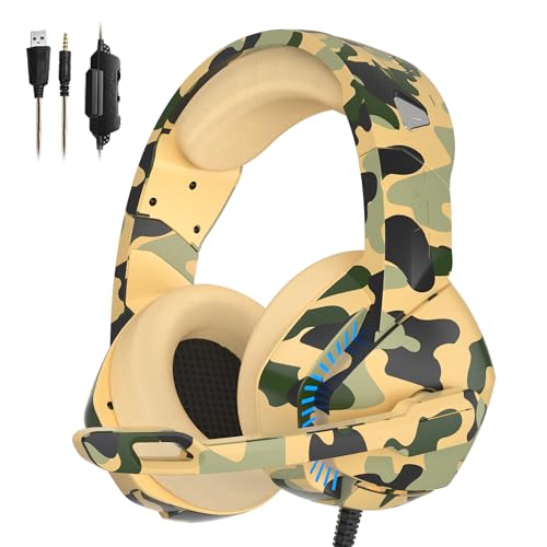 PHOINIKAS PS4 Gaming Headset with 7.1 Surround Sound, PC Headset with Noise Canceling Mic & LED Light, H3 Over Ear Headphones for Nintendo Switch, PS5, Xbox One, Laptop (Camo)
