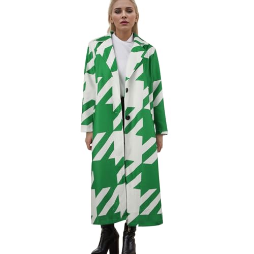 Women's Trench Coat Color Blocking Fashion Long Sleeved Lapel Jacket Printed Fabric Long Coat Classic Flat (Green, S)