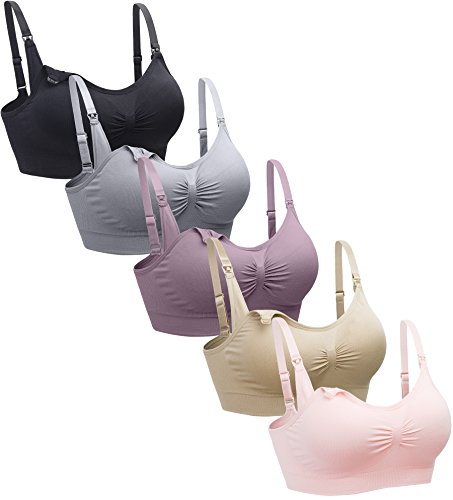 Suekaphin 5PACK Nursing Bra Wireless Bra Women's Sleeping Maternity Bra Breastfeeding Bra,Large,Black/Nude/Purplebean/SoftPink/Gray
