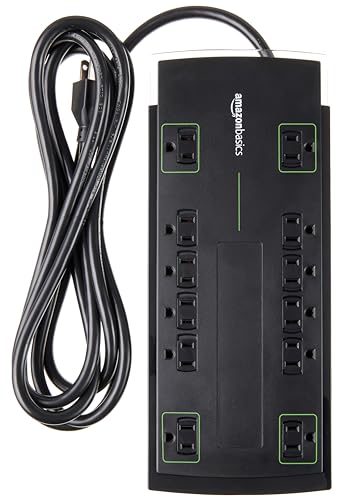 Amazon Basics Rectangular 12-Outlet Power Strip Surge Protector , 4,320 Joule, 10-Foot Cord, Black