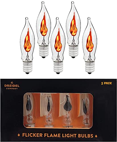 The Dreidel Company Flicker Flame Shaped Light Bulbs, E12 Replacement Bulbs, Dances with a Flickering Orange Glow, 1 Watt, 120 Volt (5-Pack)