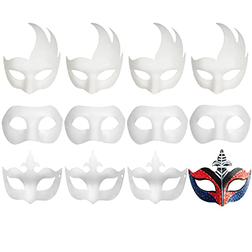 CSPRING 12PCS Cute Paper Face Paintable White Plain DIY Mask for Mardi Gras Cosplay Masquerade Dance Party