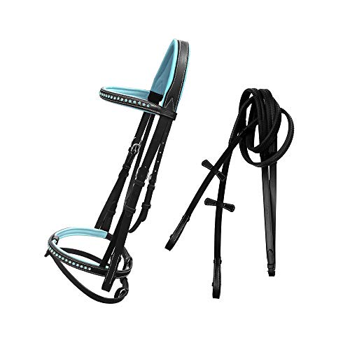 ExionPro Blue Bling Browband and Snaffle Noseband with Blue Soft Padded Leather Jumping Bridle with Flash and Rubber Reins |Royal Blue English Bridle