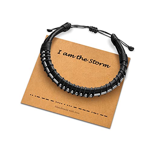 Mens Bracelet Gifts for Him, Black Leather Bracelets for Men Gifts I Am The Storm Morse Code Bracelets Gifts for Men Inspirational Gifts Motivational Gifts for Mens Jewelry Encouragement Gifts for Men