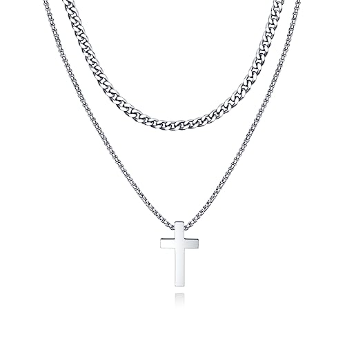 TRUSUPER Cross Necklace for Men Boys Stainless Steel Layered Cuban Link Chain Box Chain Black Silver Gold Religious Fashion Jewelry Gifts 16-26 Inches